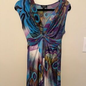 Bebe Blue and Purple Peacock Patterned Dress with Front Twist